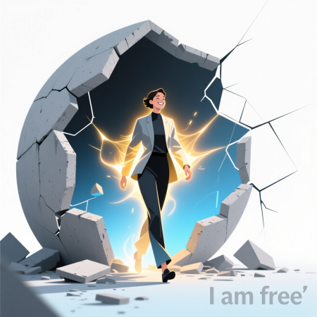 <img src="defeat-inner-critic.jpg" alt="Confident person breaking free from inner critic shadow illustration">