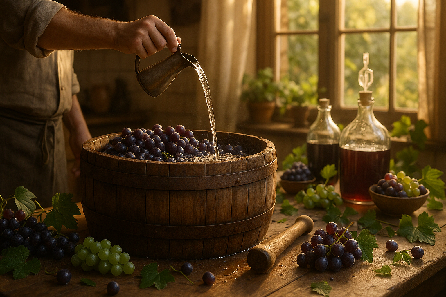 Стеклянная бутыль с домашним виноградным вином на деревянном столе рядом со свежим виноградом