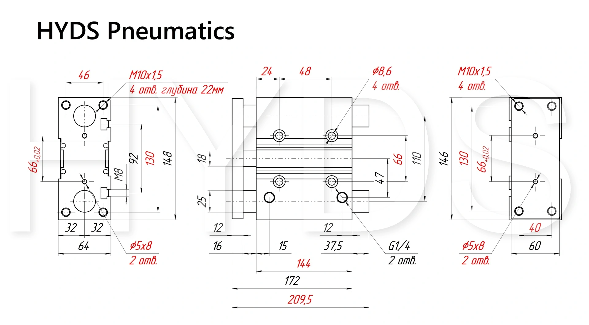 Чертёж пневмоцилиндра MGPM50TF-100Z Размеры пневмоцилиндра MGPM50TF-100Z