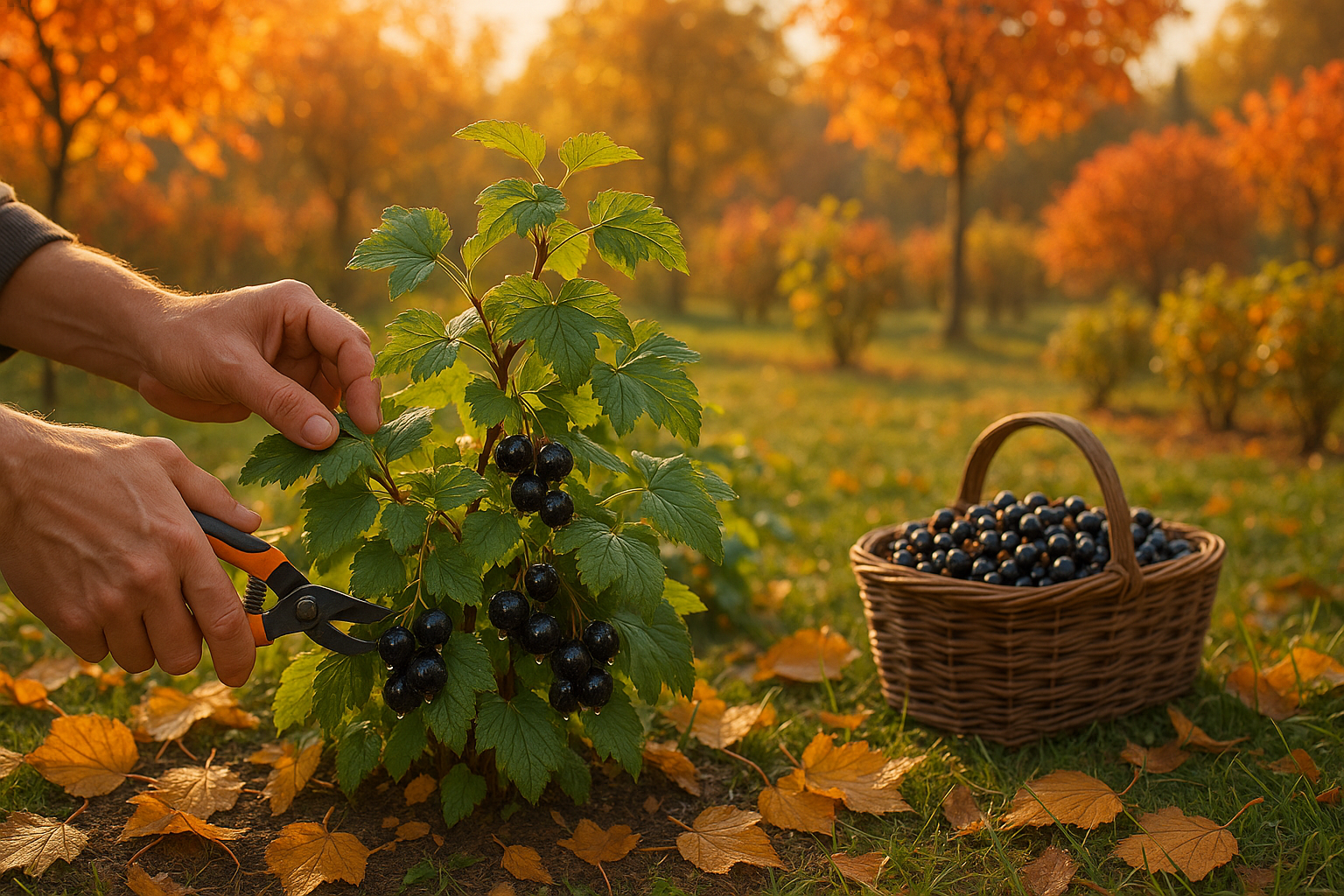 Осенняя обрезка смородинового куста: садовник с секатором аккуратно удаляет старые ветки на фоне желтых листьев