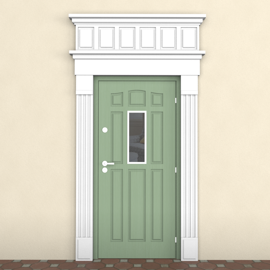 Дверь с наличником на фасаде дома