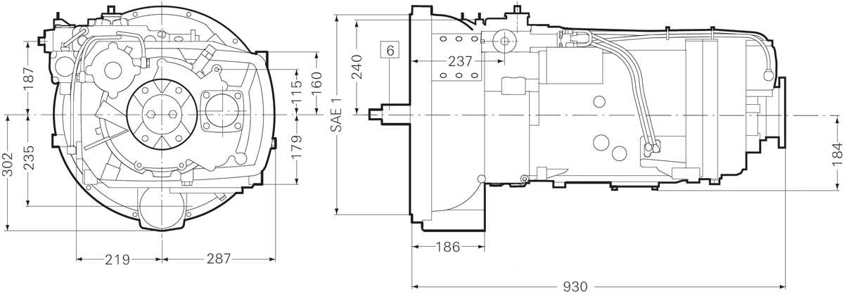 Коробка передач ZF 16S 151 (ZF-Ecosplit). Габаритные размеры