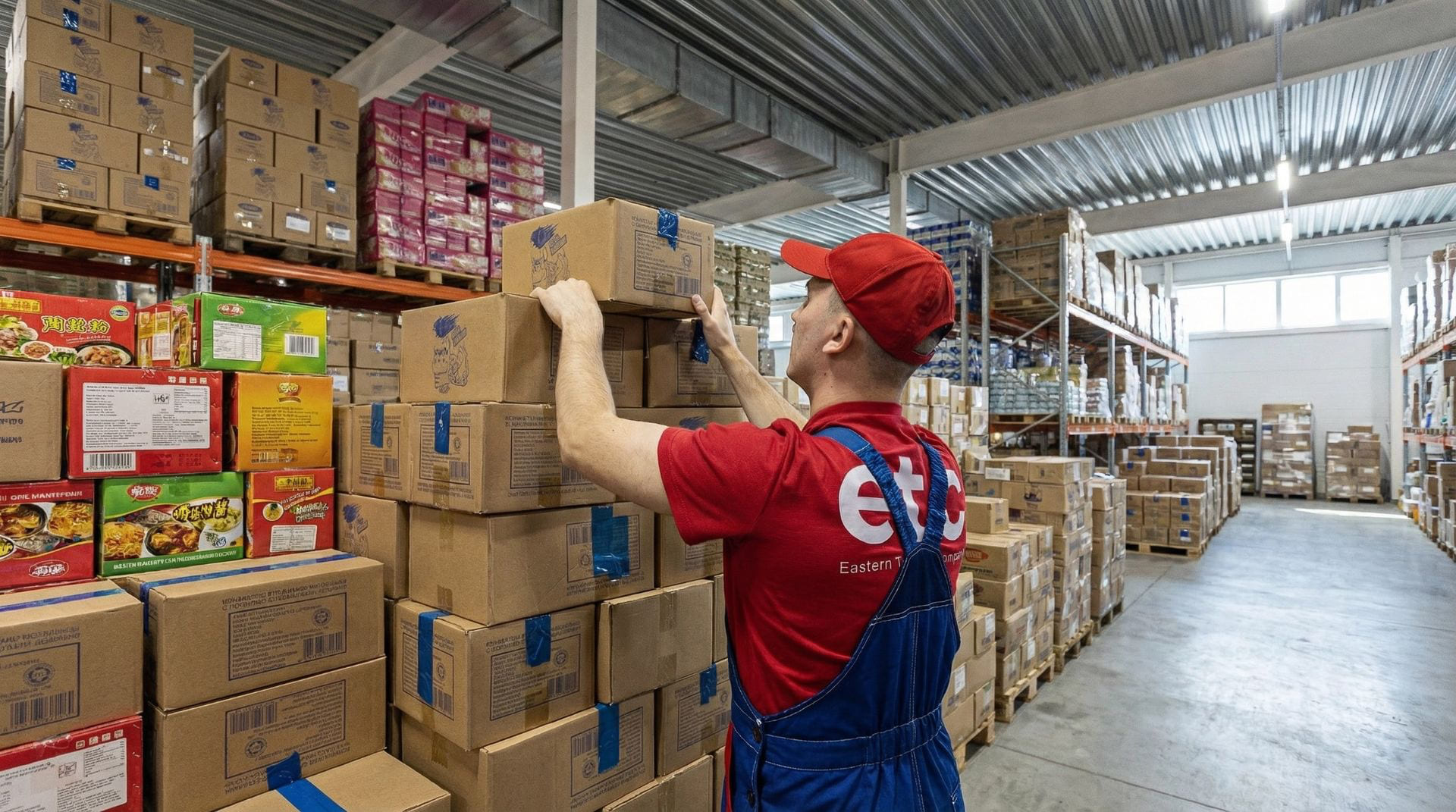 Сотрудник ETC Trade на складе во Владивостоке — коробки с азиатскими товарами