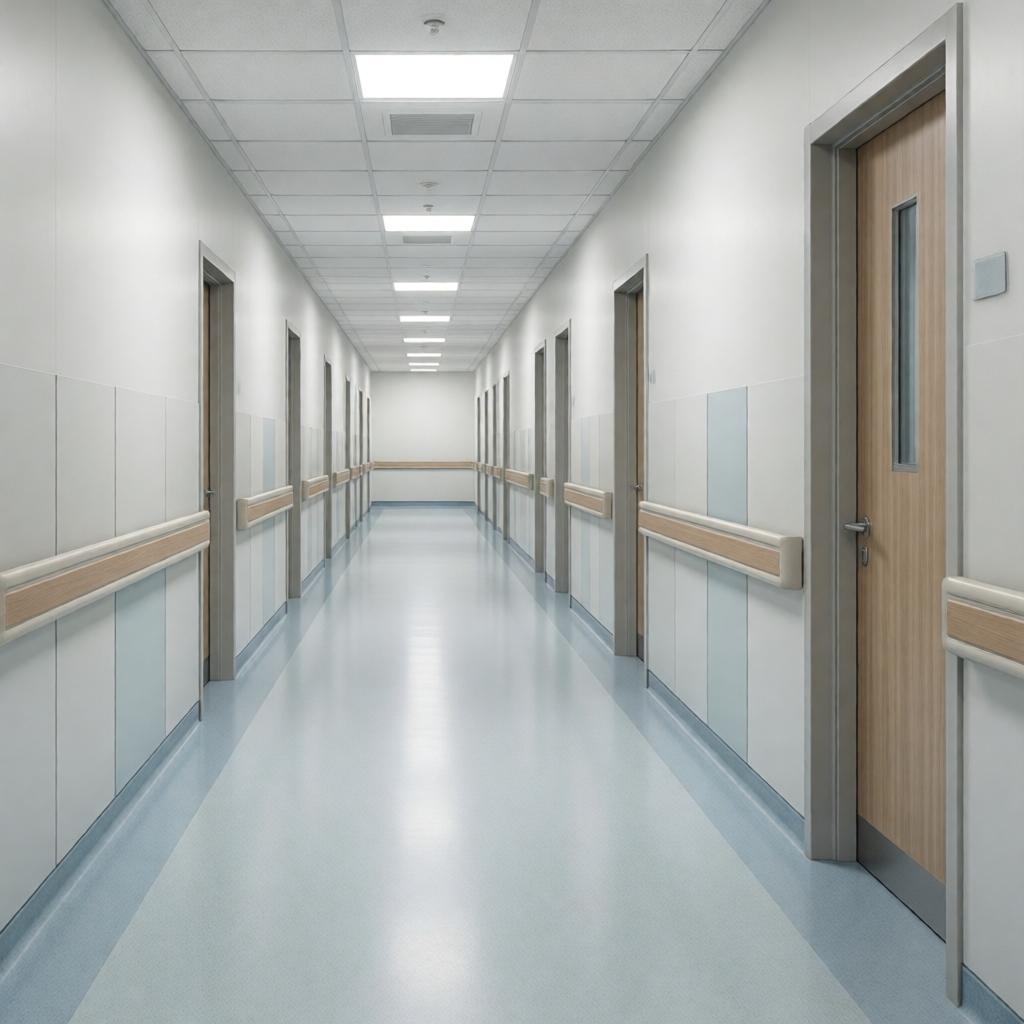 Коридор современной больницы, соответствующий требованиям пожарной безопасности