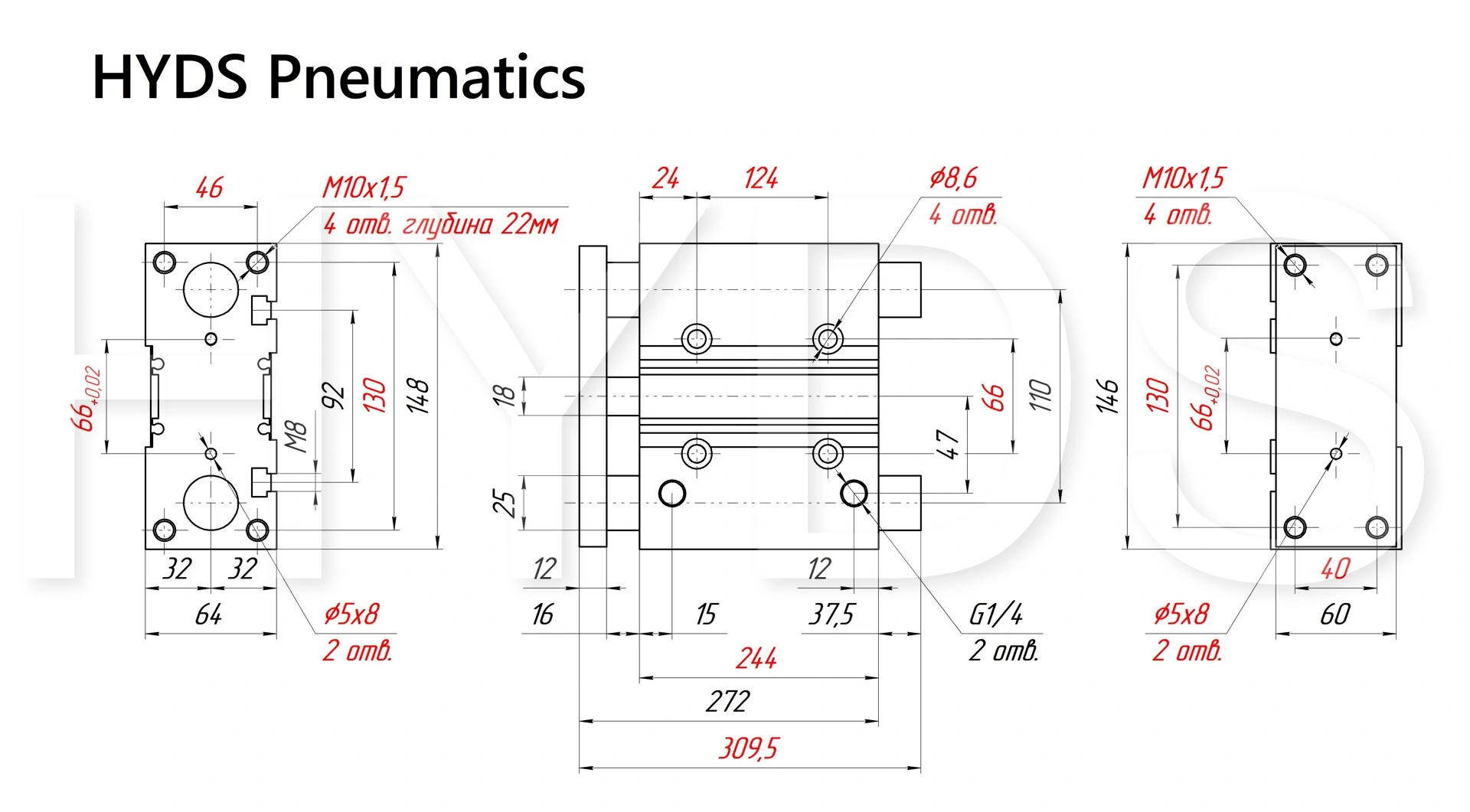 Чертёж пневмоцилиндра MGPM50TF-200Z Размеры пневмоцилиндра MGPM50TF-200Z