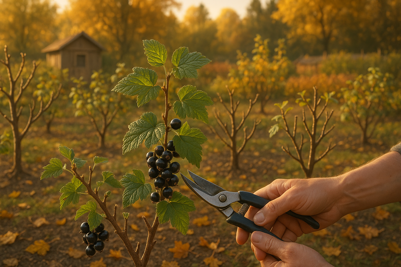 Обрезка смородины осенью: секатор обрезает ветку черной смородины для формирования куста
