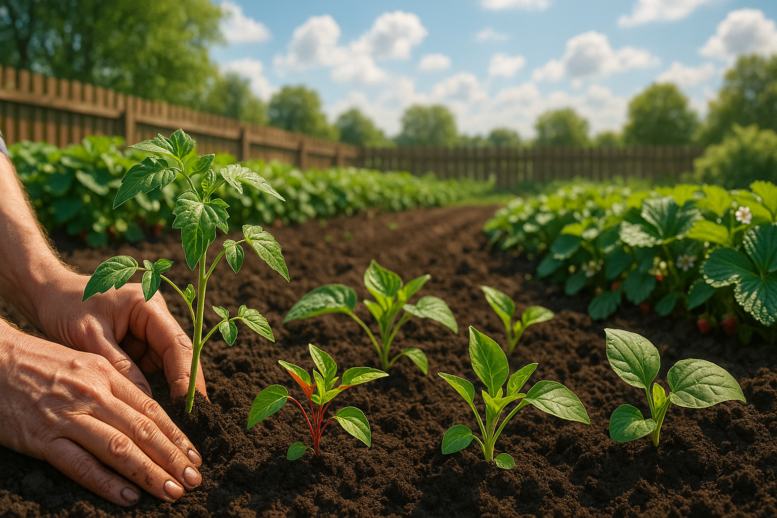 Грядка с посаженным весной чесноком