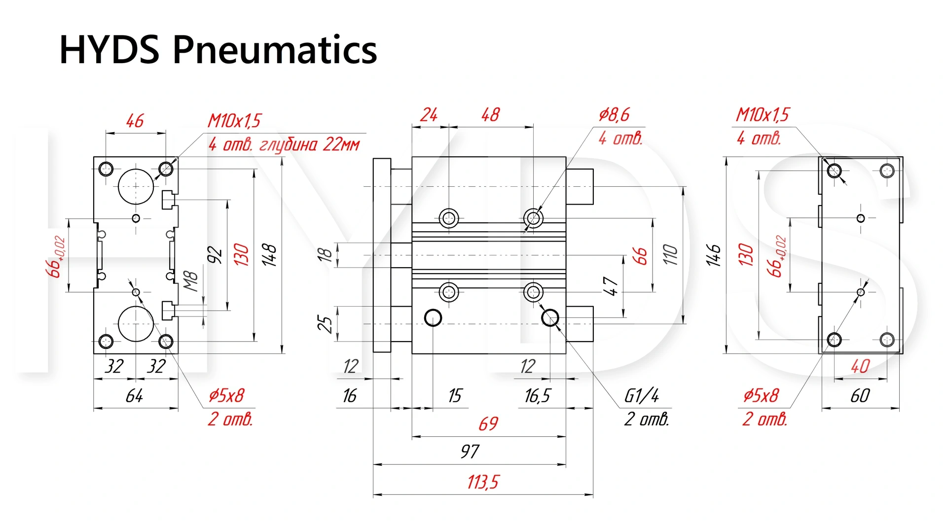 Чертёж пневмоцилиндра MGPM50TF-25Z Размеры пневмоцилиндра MGPM50TF-25Z