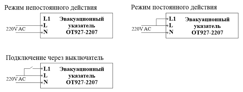Световой указатель эвакуационного выхода в черном корпусе Moncato OT927 IP65 BLACK – схемы подключения