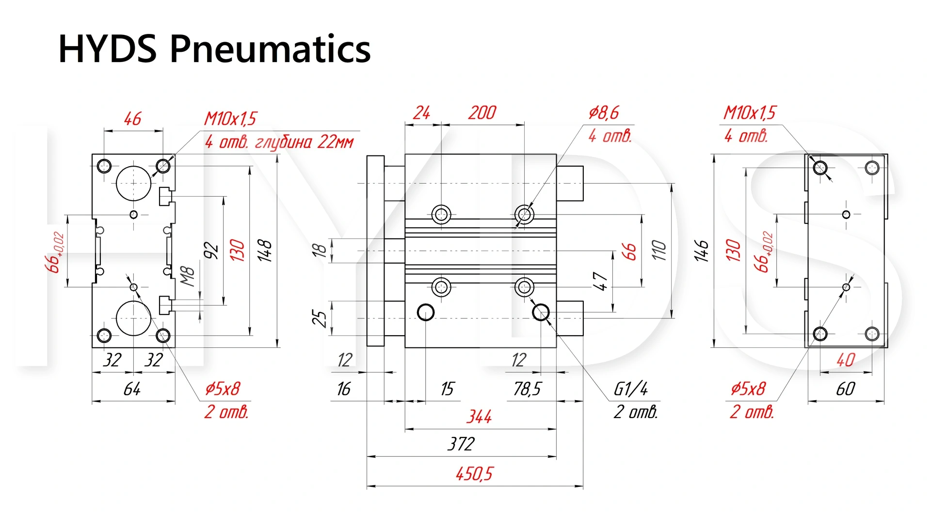 Чертёж пневмоцилиндра MGPM50TF-300Z Размеры пневмоцилиндра MGPM50TF-300Z