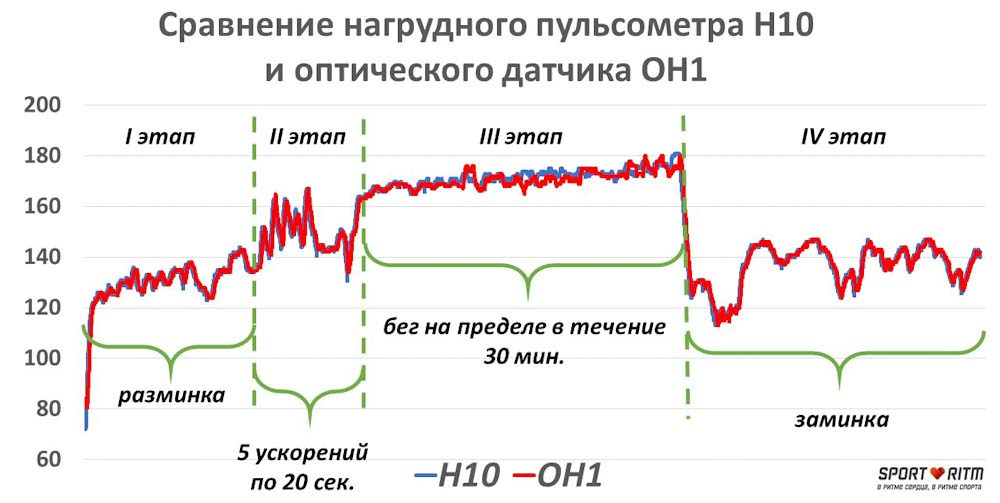 Сравнение графиков пульса Polar OH1 и Polar H10