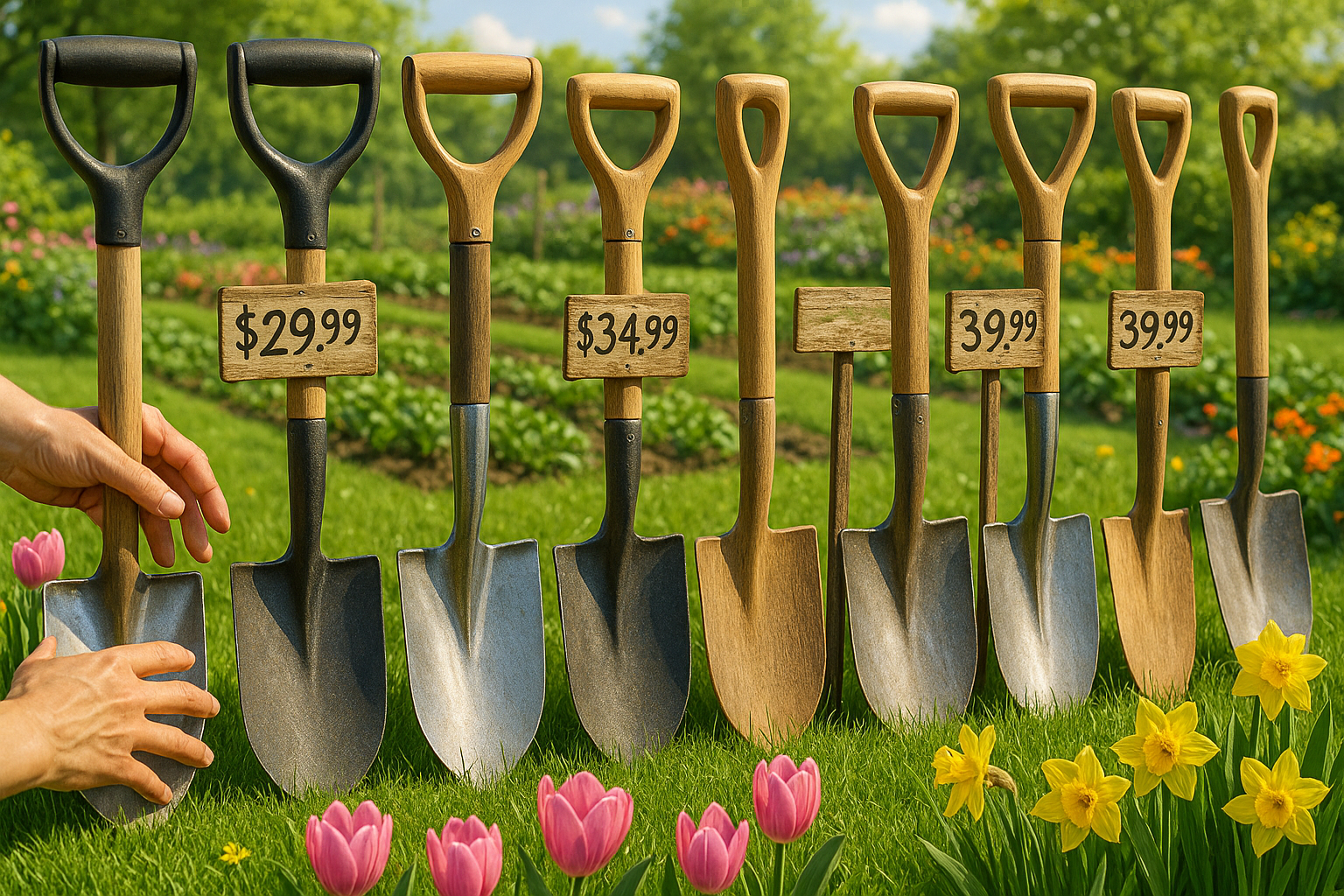 Сравнение различных моделей садовых лопат для дачи и огорода на фоне грядок и садового инвентаря