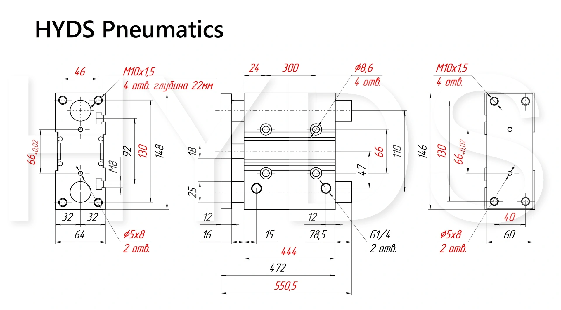 Чертёж пневмоцилиндра MGPM50TF-400Z Размеры пневмоцилиндра MGPM50TF-400Z