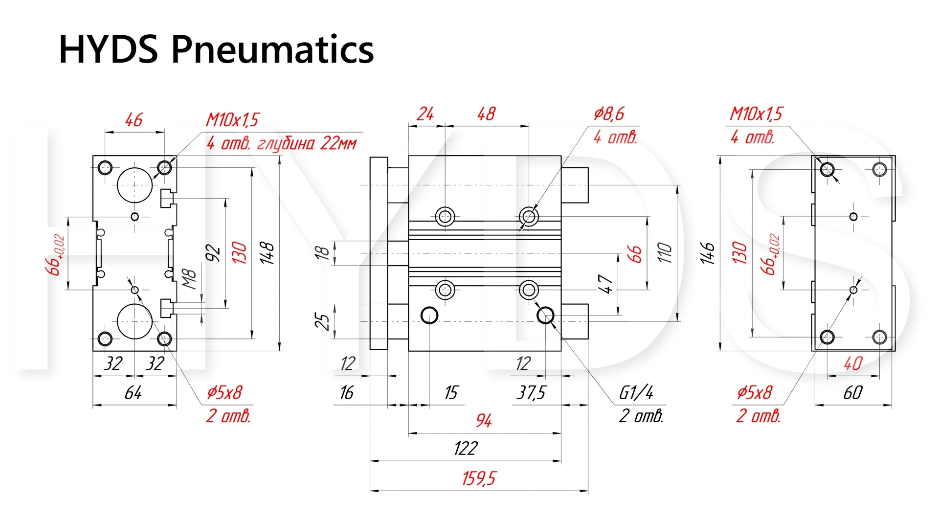 Размеры пневмоцилиндра MGPM50TF-50Z