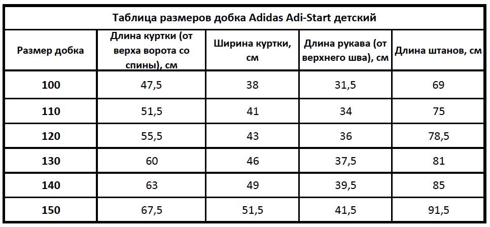 Таблица размеров добка детского Adidas Adi-Start