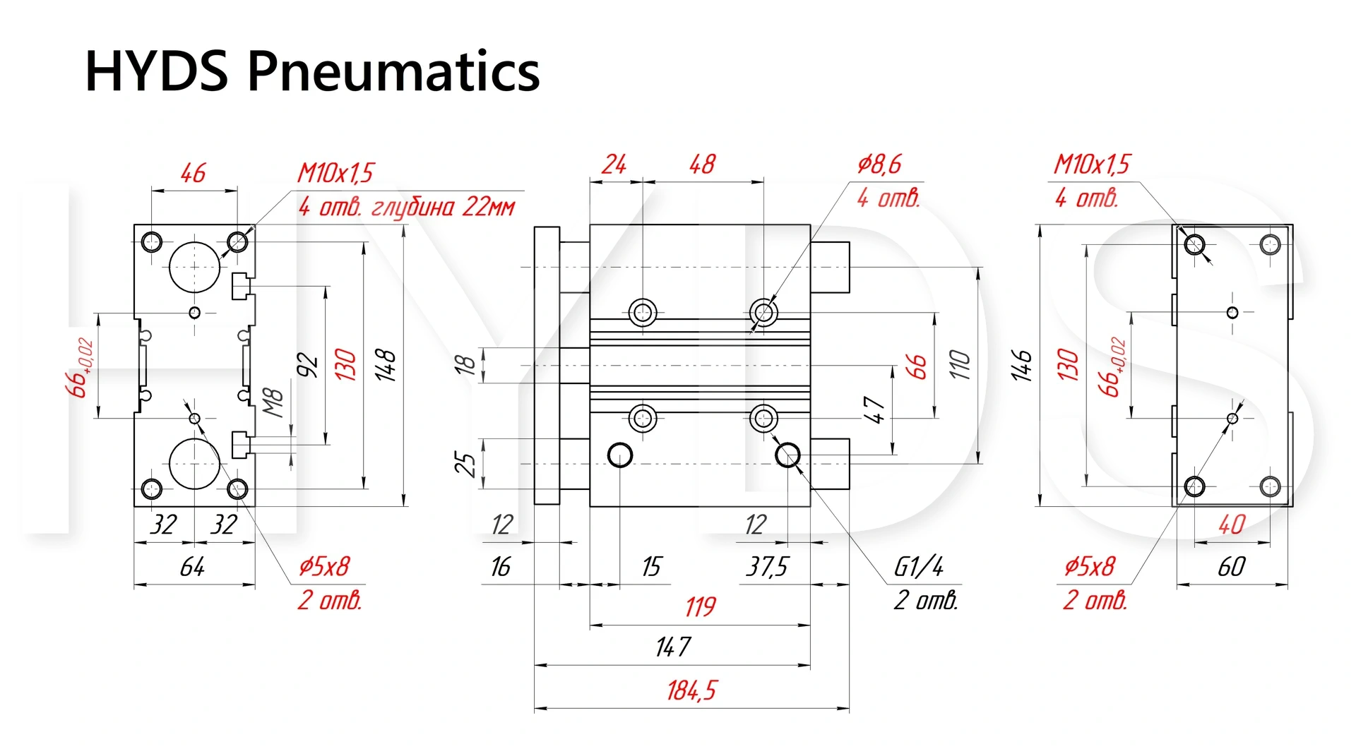 Чертёж пневмоцилиндра MGPM50TF-75Z Размеры пневмоцилиндра MGPM50TF-75Z