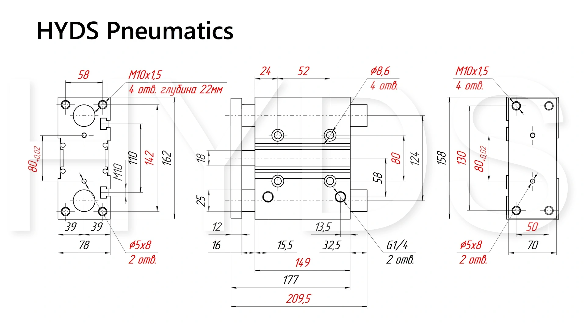 Размеры пневмоцилиндра MGPM63TF-100Z