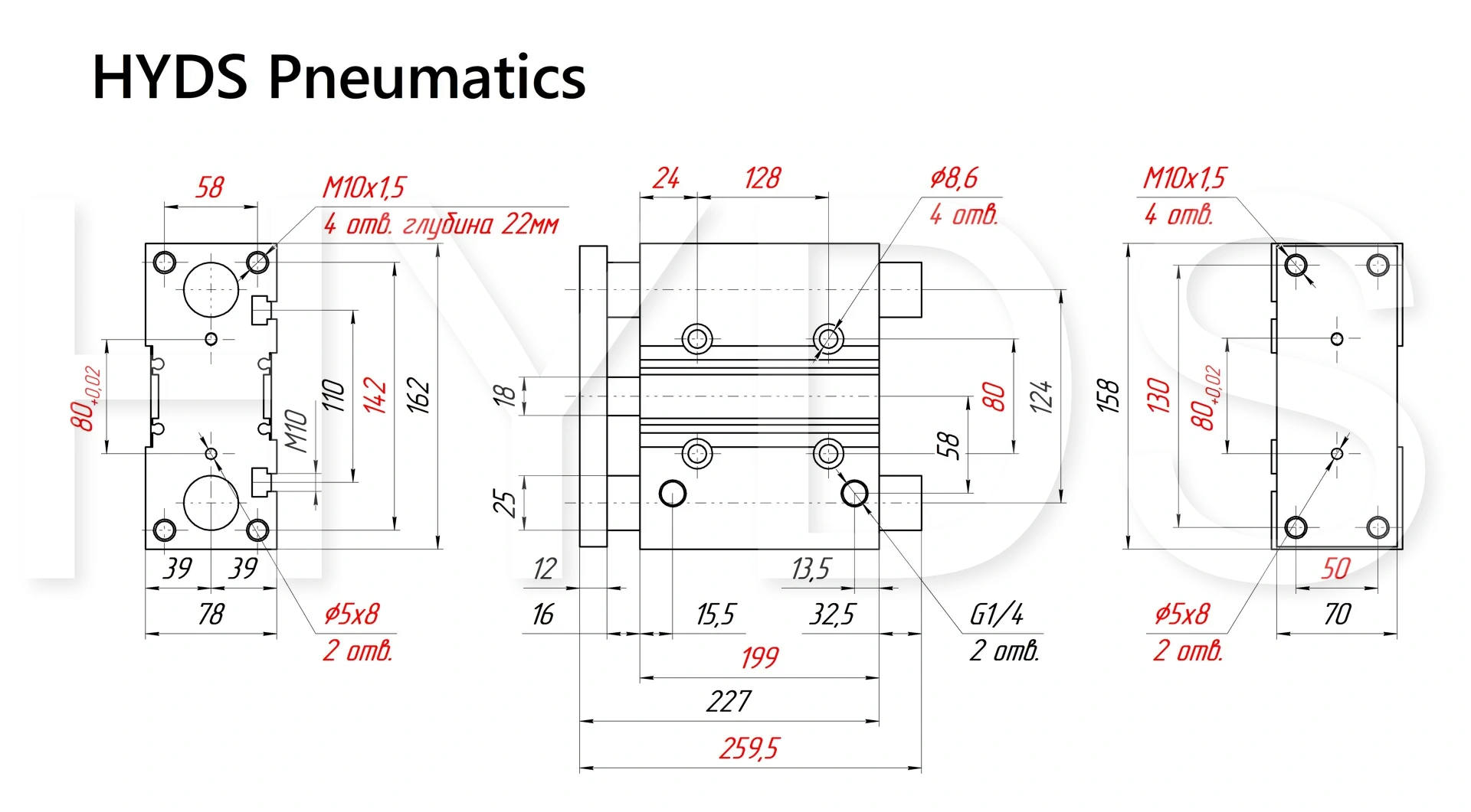 Чертёж пневмоцилиндра MGPM63TF-150Z Размеры пневмоцилиндра MGPM63TF-150Z