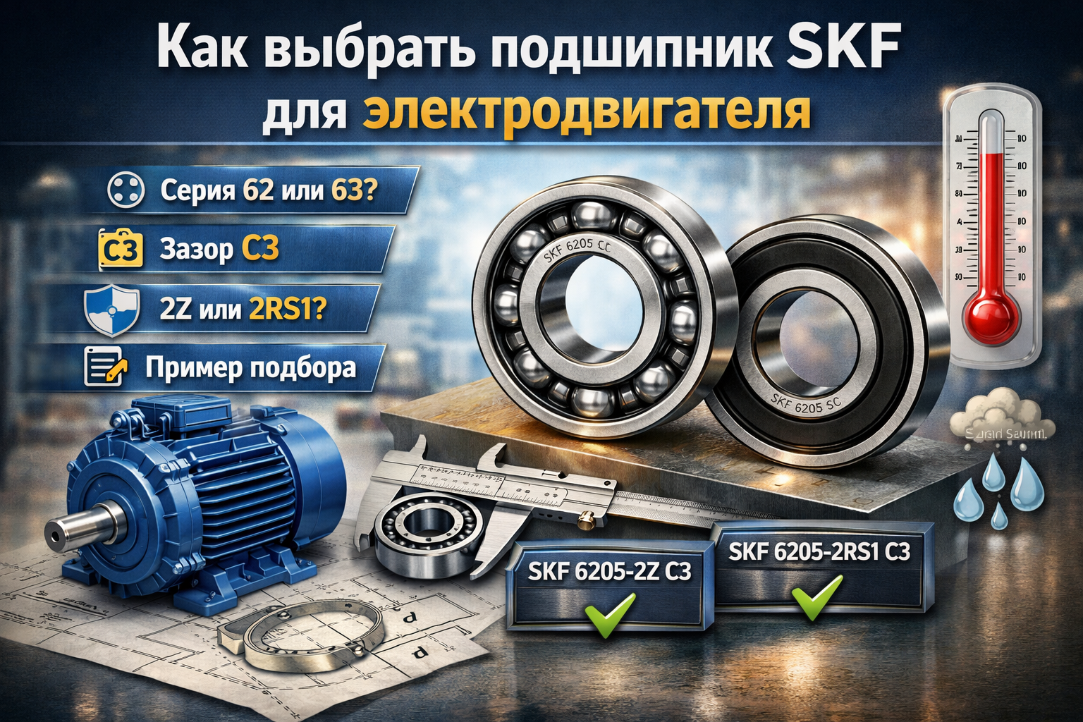kak-vybrat-podshipnik-skf-dlya-elektrodvigatelya как выбрать подшипник SKF для электродвигателя 2Z и 2RS1 зазор C3 пример подбора
