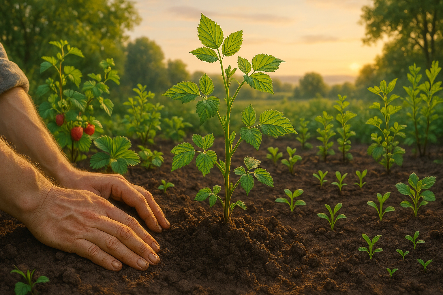 Кусты малины на солнечном участке в Подмосковье весной