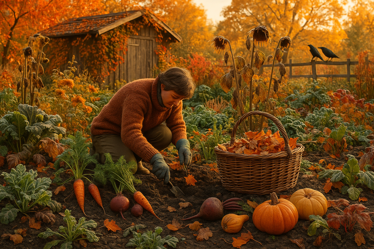 Садовод проводит осеннюю обрезку деревьев и кустарников, подготавливая растения к зиме