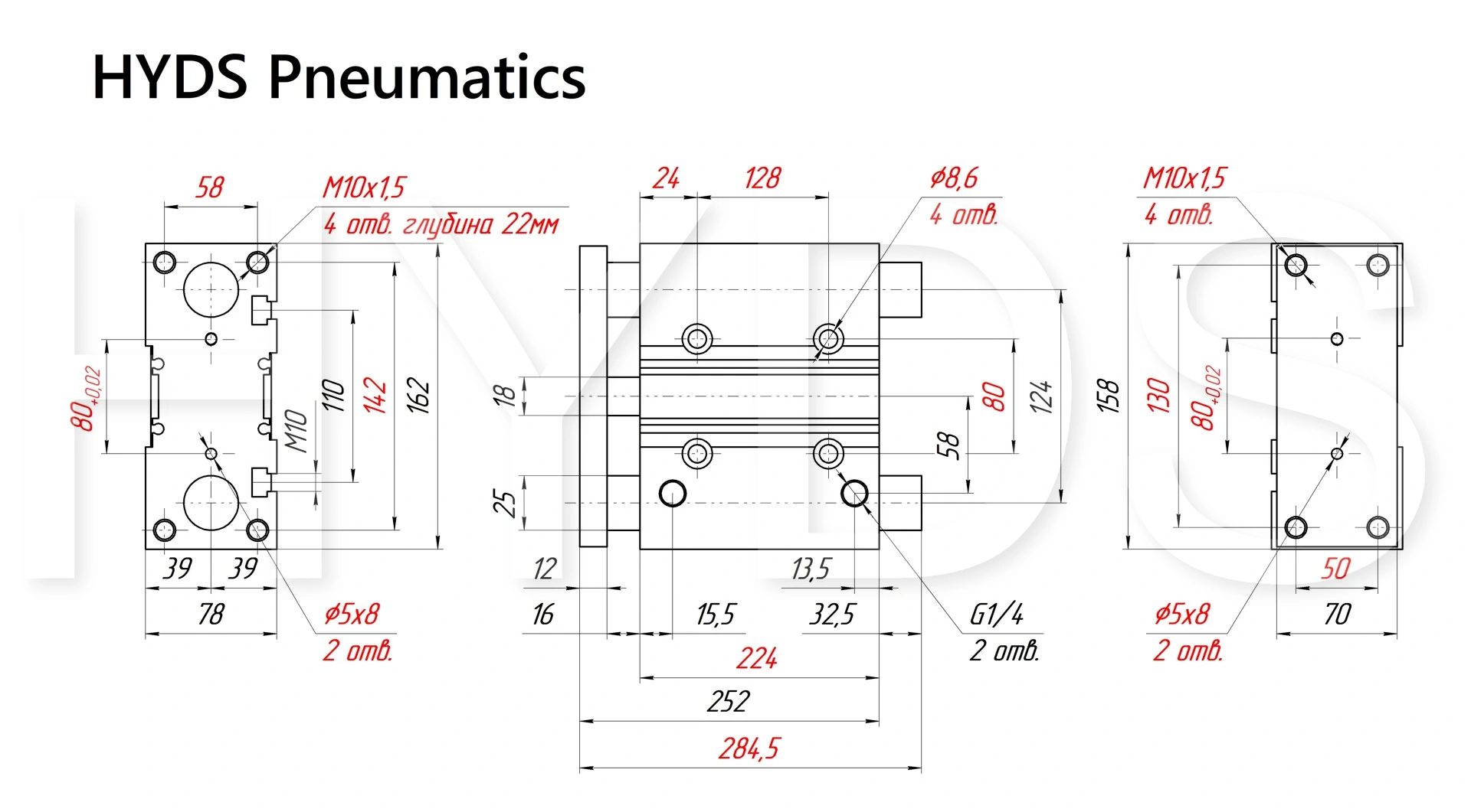 Размеры пневмоцилиндра MGPM63TF-175Z