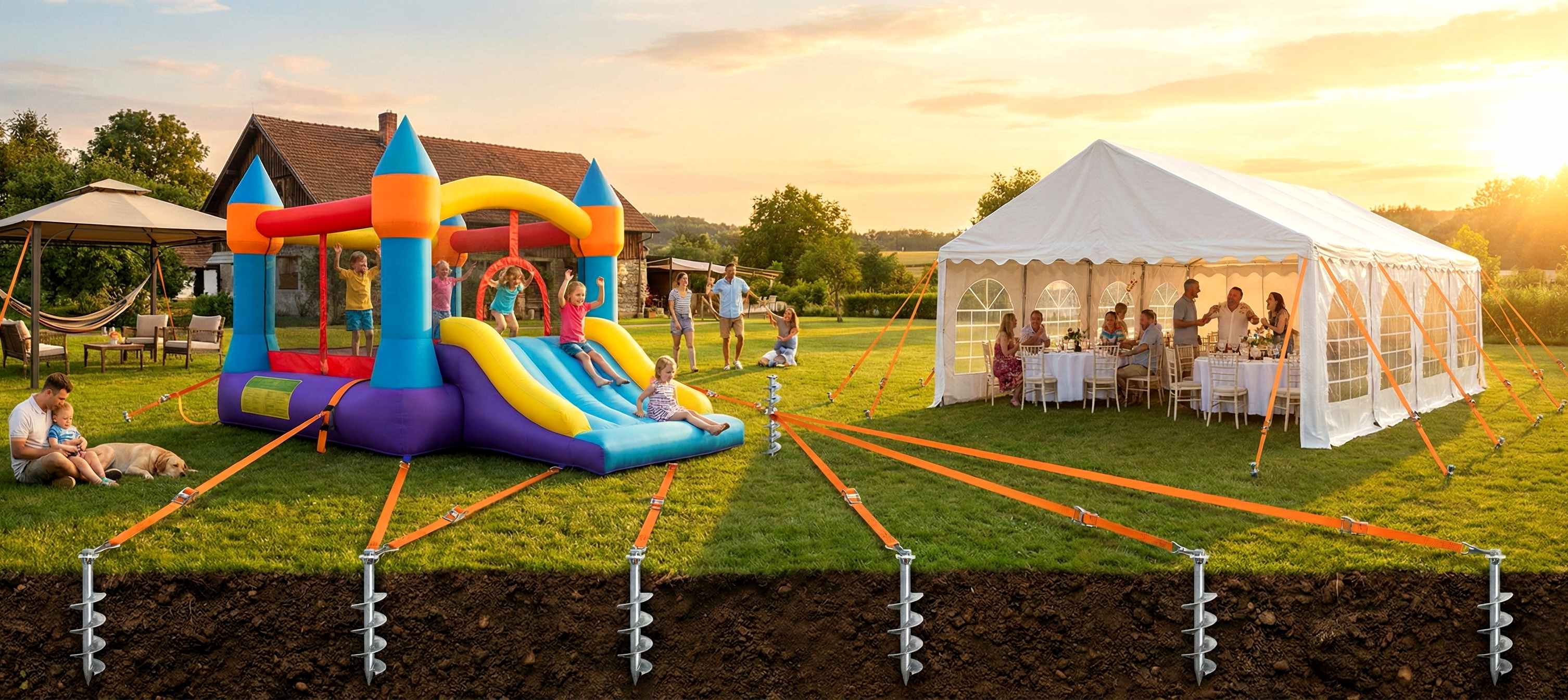 Батут и шатер закреплены спиральными анкерами