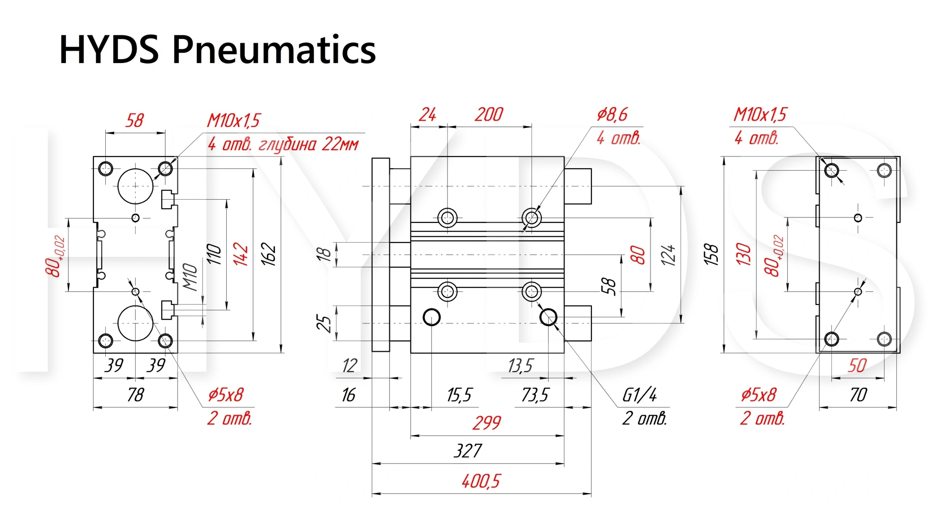 Чертёж пневмоцилиндра MGPM63TF-250Z Размеры пневмоцилиндра MGPM63TF-250Z
