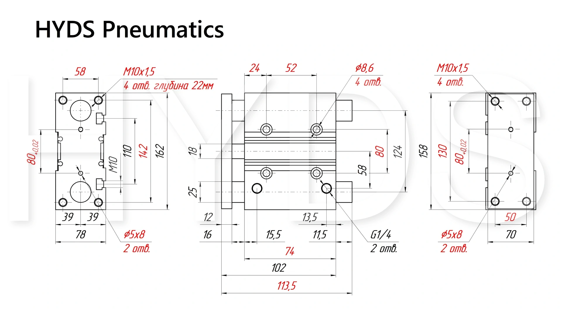 Размеры пневмоцилиндра MGPM63TF-25Z