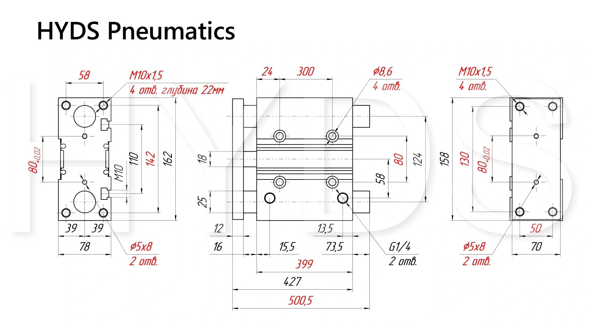 Чертёж пневмоцилиндра MGPM63TF-350Z Размеры пневмоцилиндра MGPM63TF-350Z