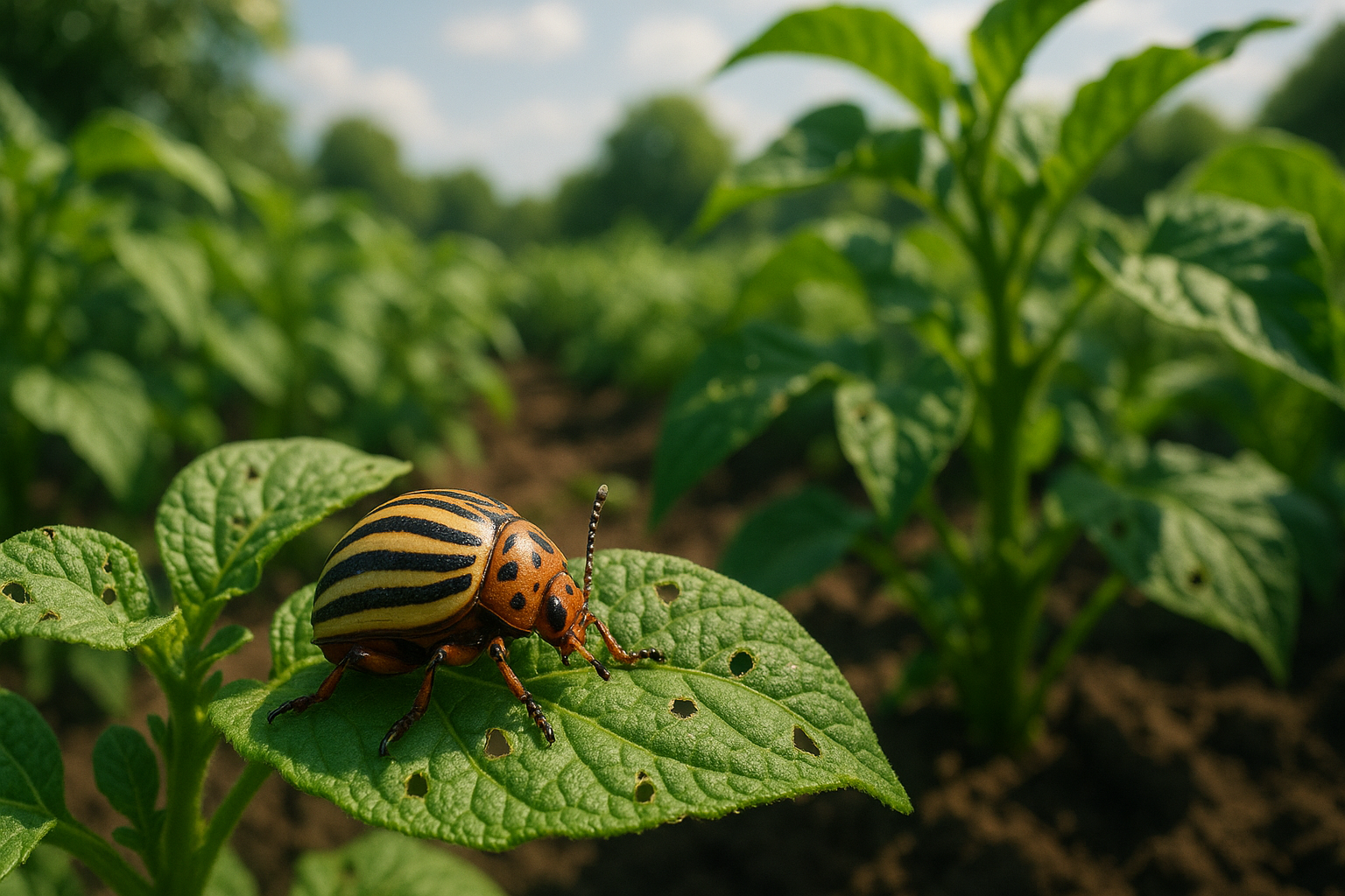 Колорадский жук на листьях картофеля, вид спереди и сбоку, изображение вредителя пасленовых культур