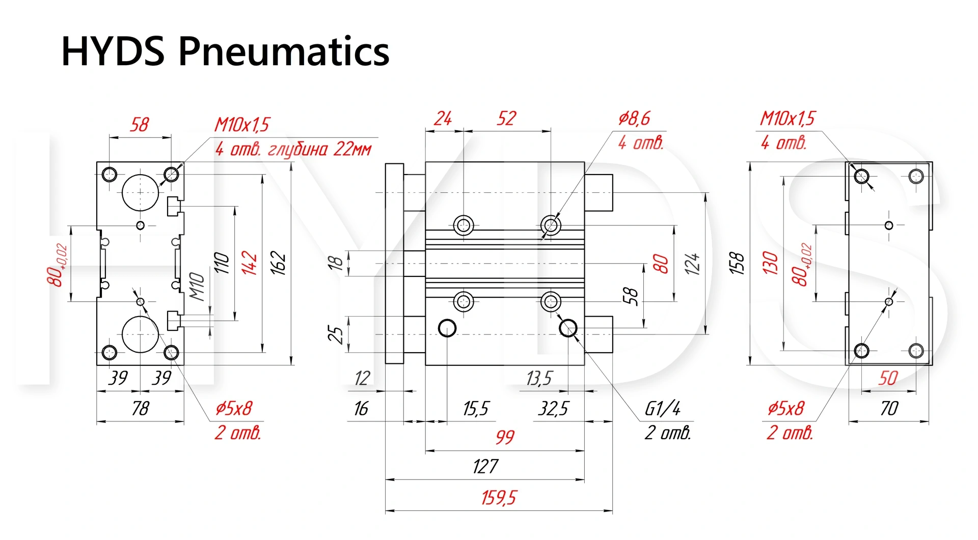 Чертёж пневмоцилиндра MGPM63TF-50Z Размеры пневмоцилиндра MGPM63TF-50Z