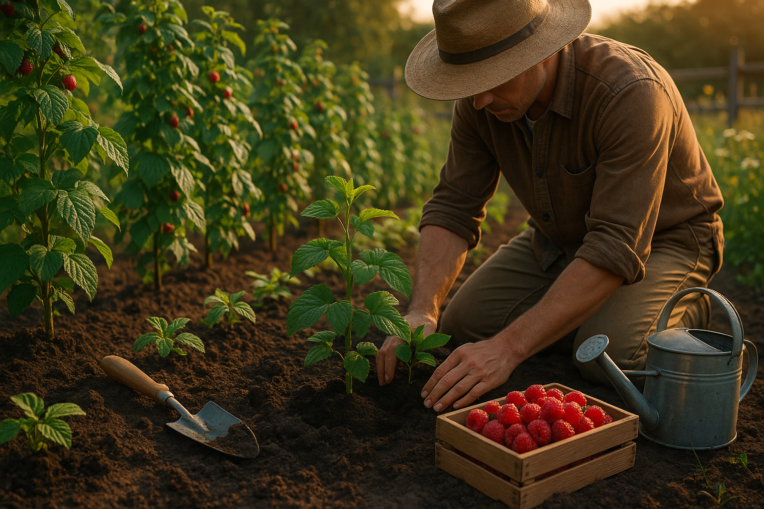 Молодые саженцы малины высаживают в ряду на подготовленной грядке с рыхлой почвой и мульчей