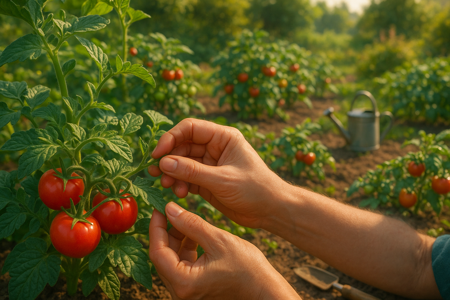 Низкорослые томаты для открытого грунта в Сибири без пасынкования: кисть с крупными спелыми плодами ярко-красного цвета на кусте