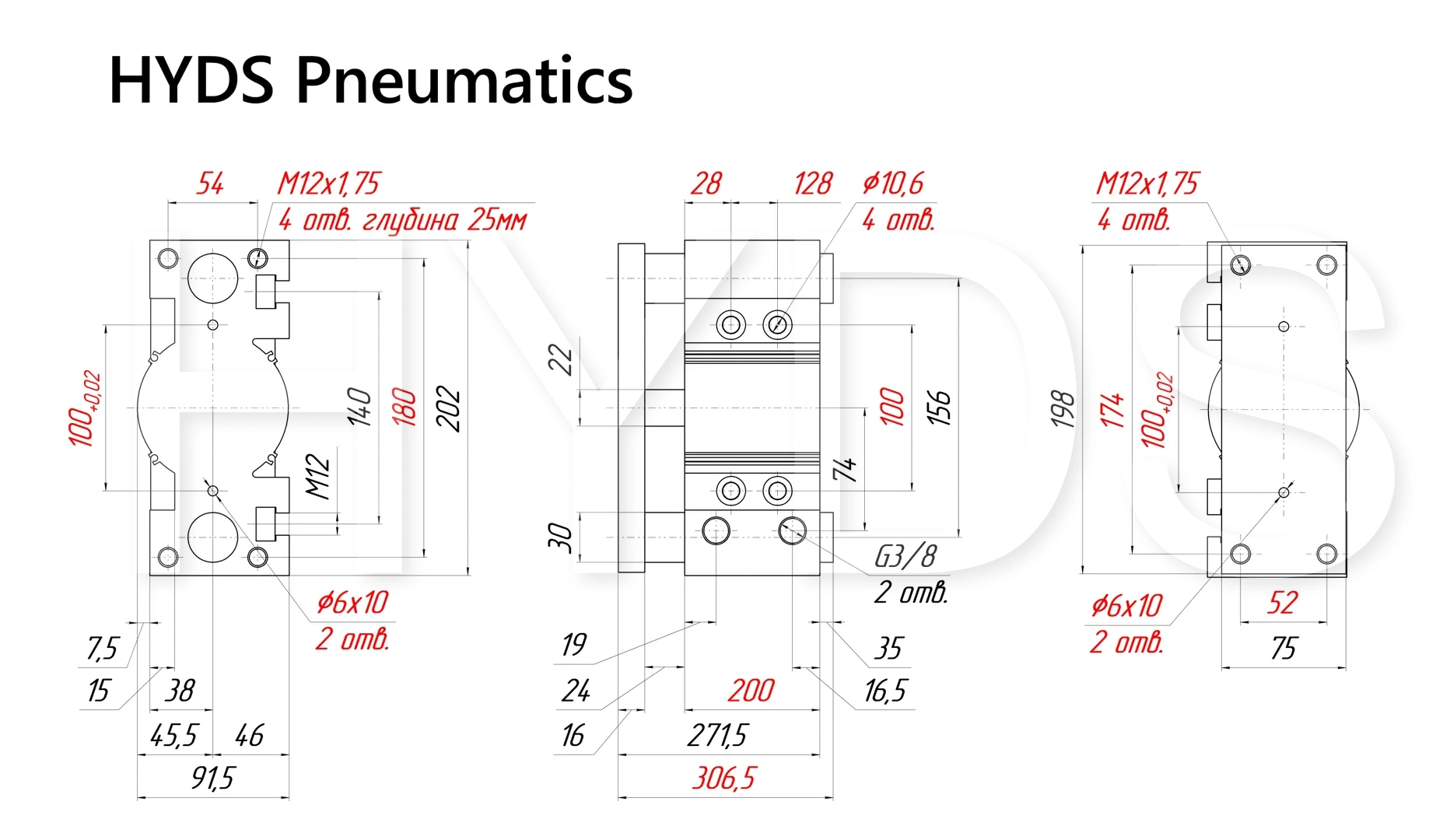 Чертёж пневмоцилиндра MGPM80TF-175Z Размеры пневмоцилиндра MGPM80TF-175Z