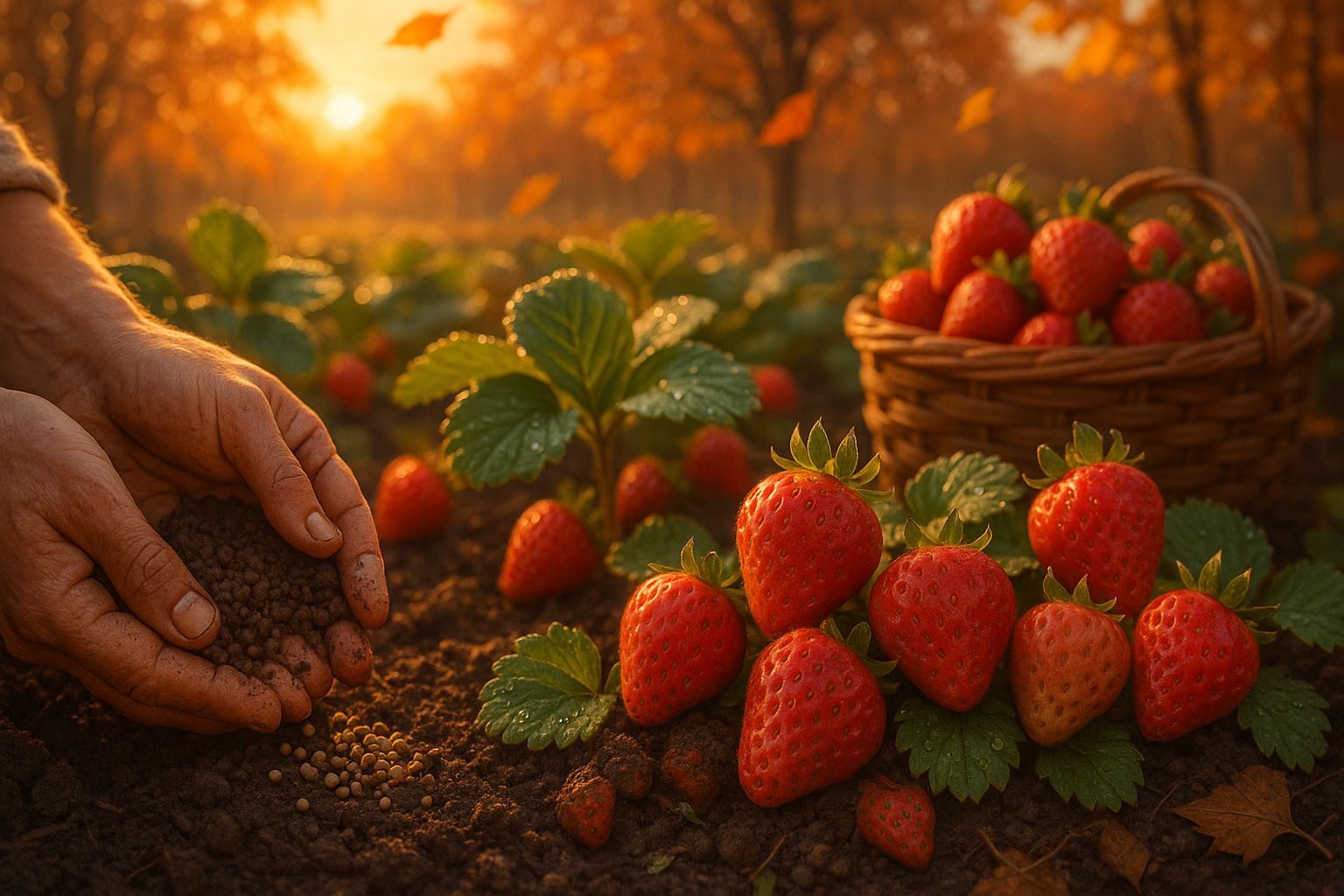 Кусты клубники на грядке после обрезки, удобренные осенними удобрениями для подготовки к зиме