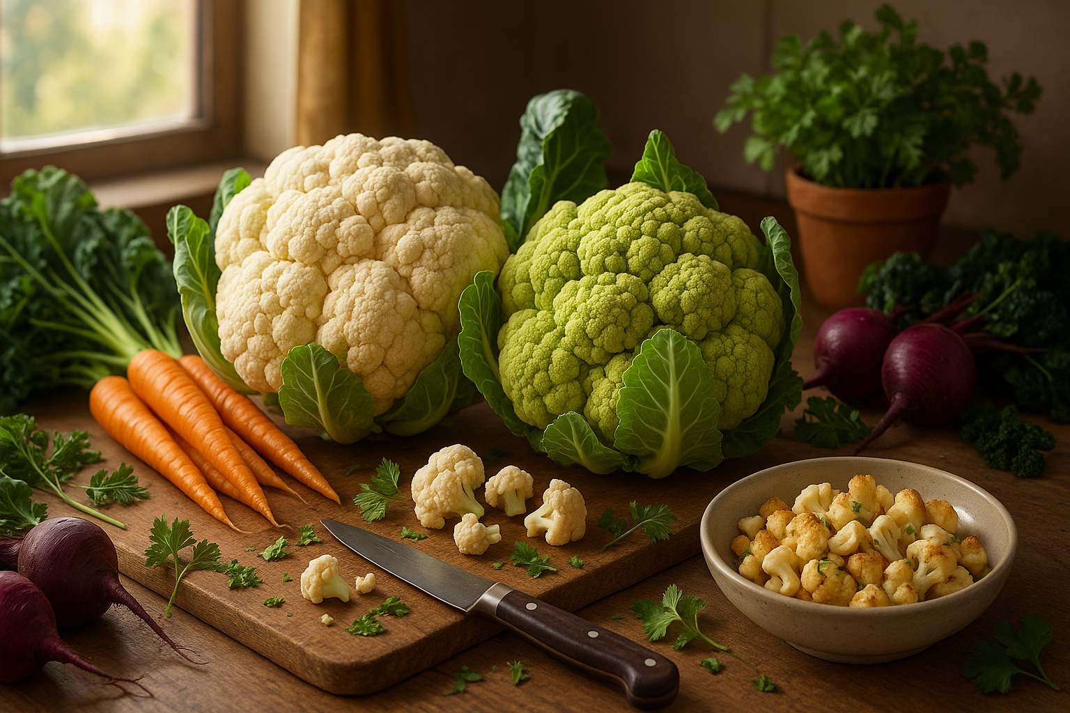 Разнообразие видов капусты: белокочанная, брокколи, цветная, брюссельская и пекинская на фоне зелёного сада