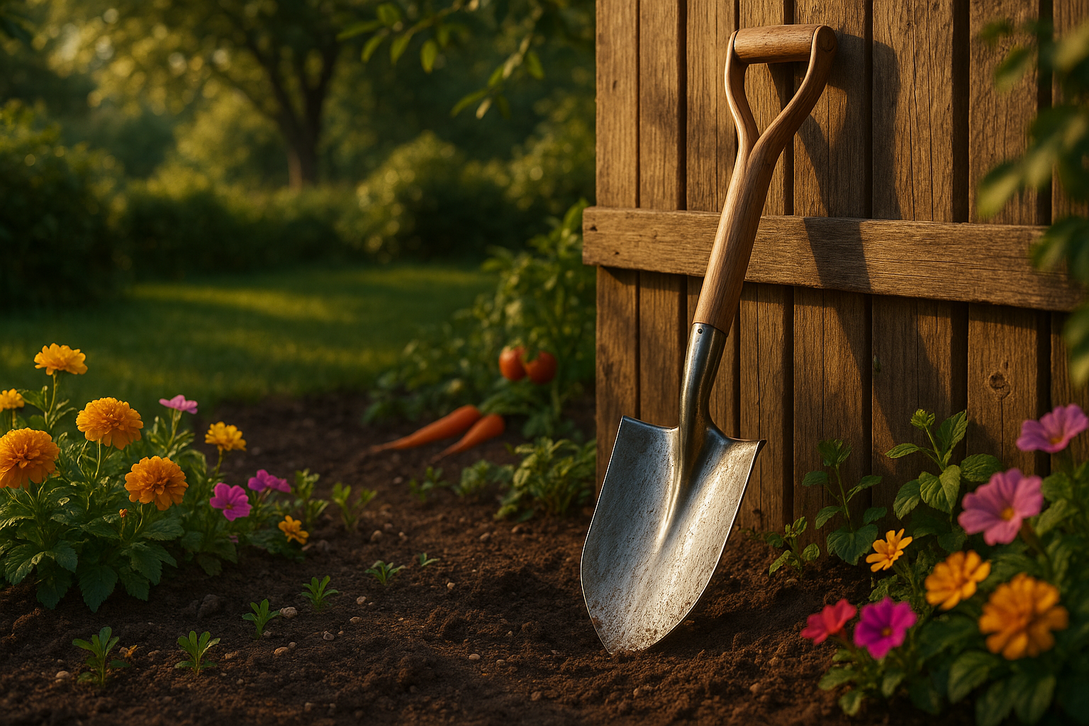 Садовая лопата с деревянной рукояткой и прочным металлическим лезвием на фоне огородного участка