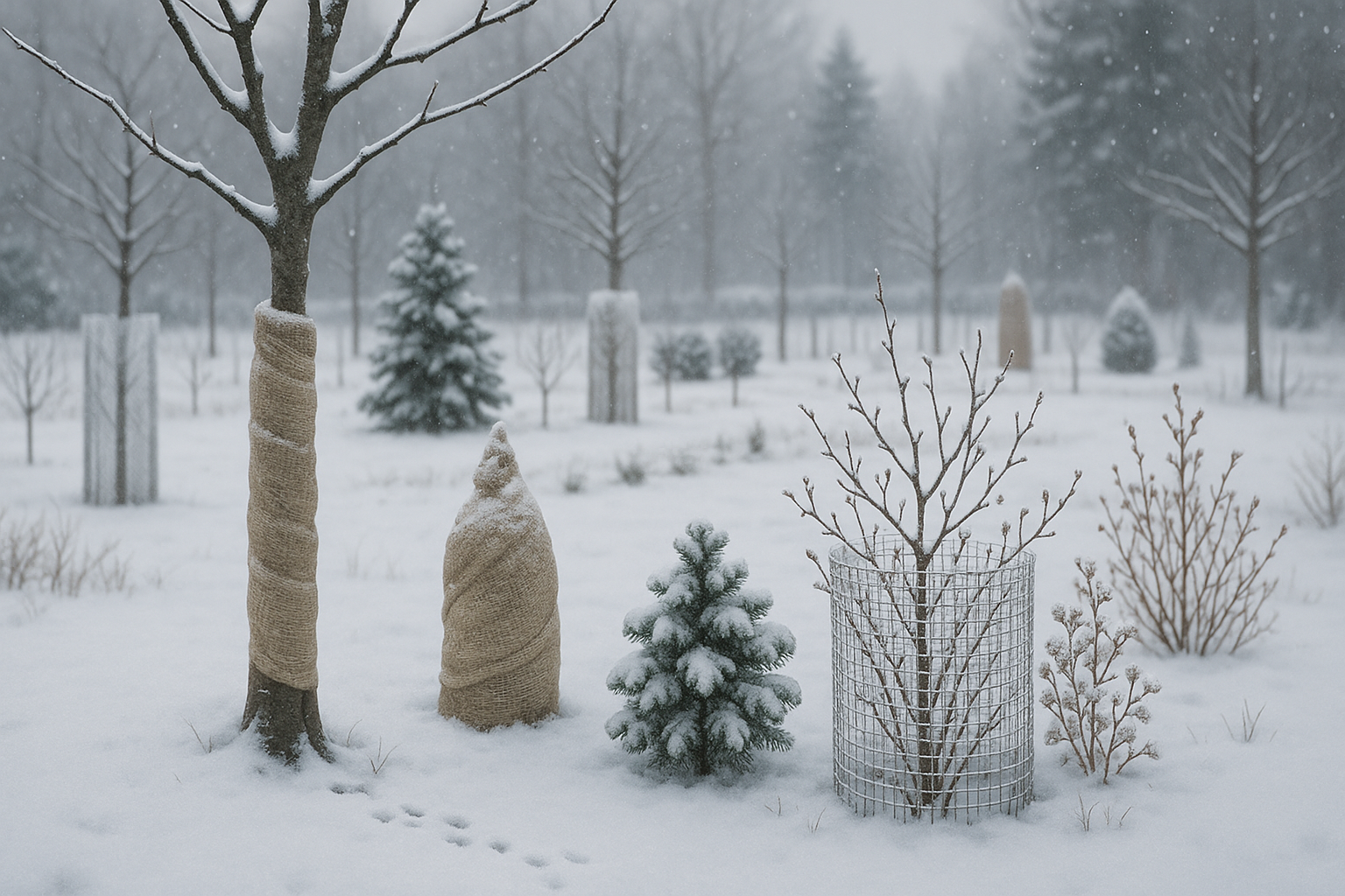 Сад с деревьями и кустарниками, укрытые агроволокном для защиты от мороза