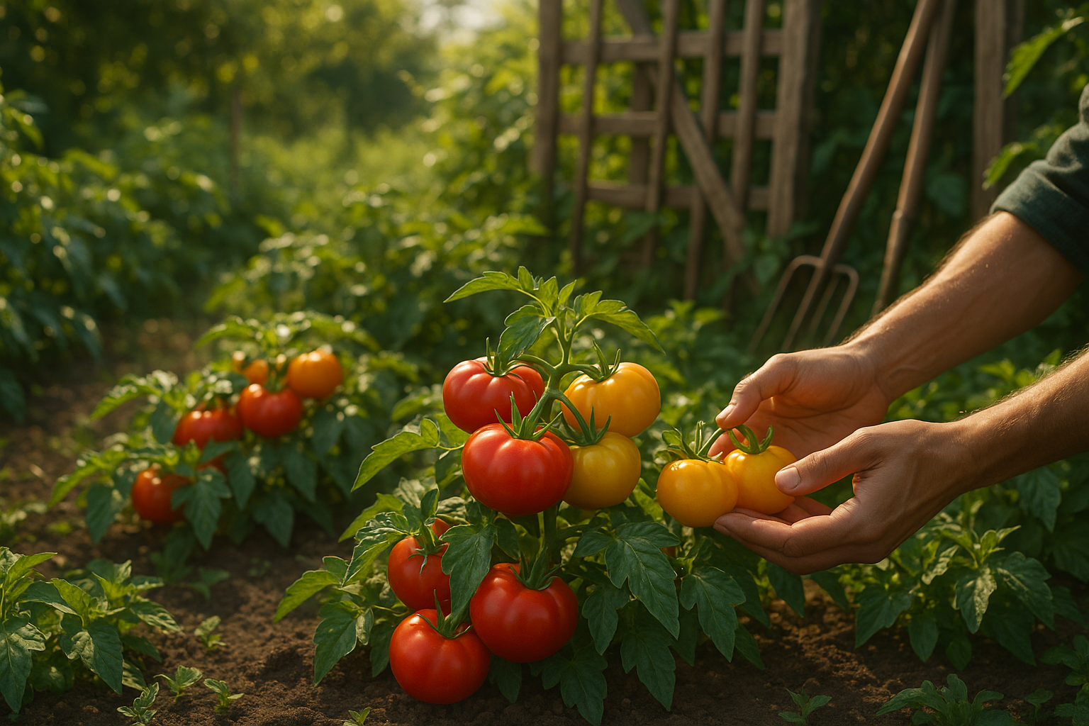 Низкорослые компактные кусты томатов без пасынков с красными плодами на грядке открытого грунта
