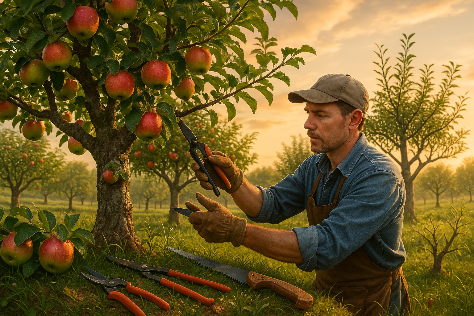 Обрезка яблони осенью &mdash; садовод с секатором аккуратно удаляет ветви после листопада