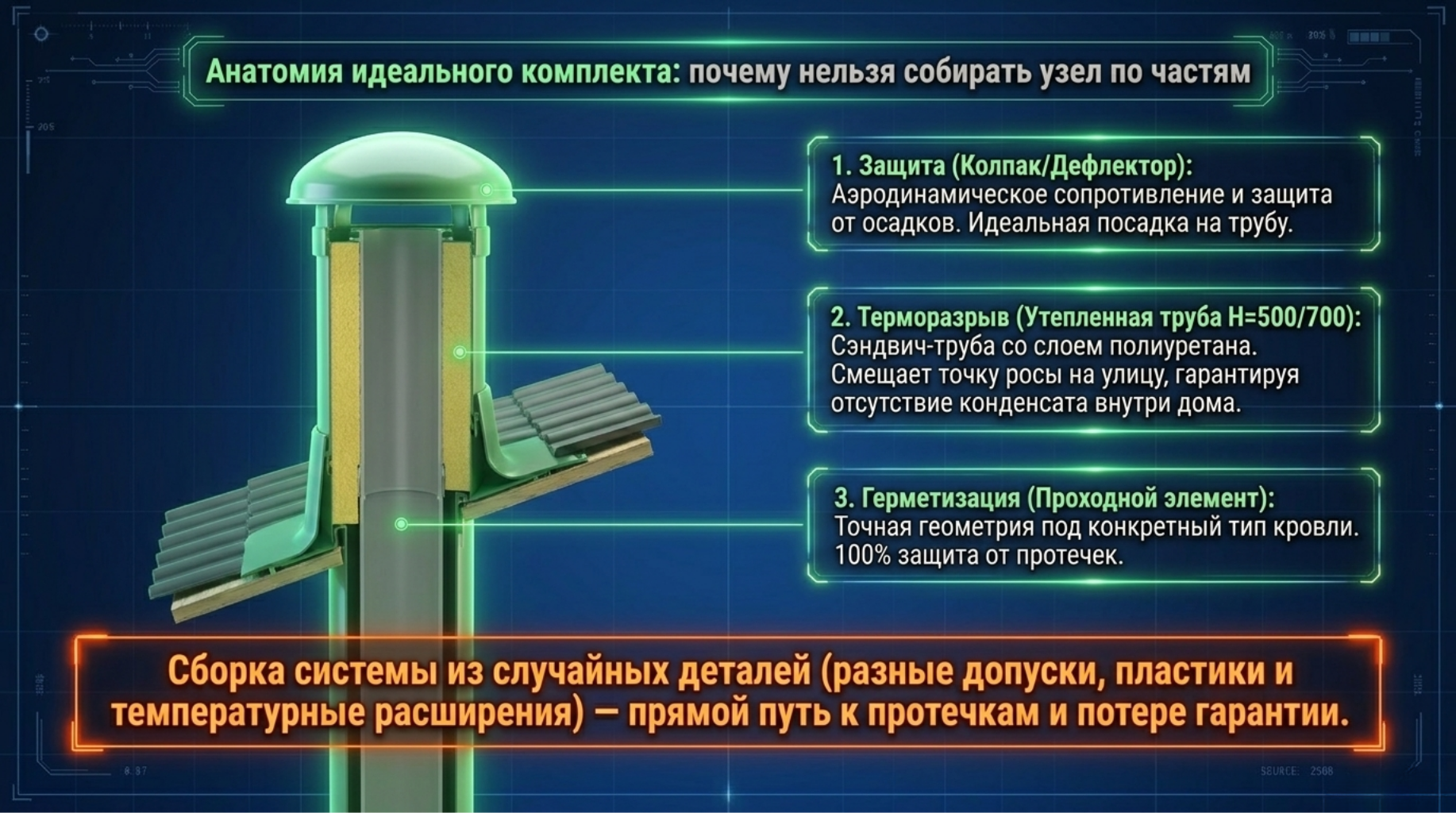 Чтобы не было проблем - испольльзуйте готовые комплекты (узел прохода кровли, вентиляционный выход, оголовок-колпак-дефлектор Чтобы не было проблем - испольльзуйте готовые комплекты (узел прохода кровли, вентиляционный выход, оголовок-колпак-дефлектор