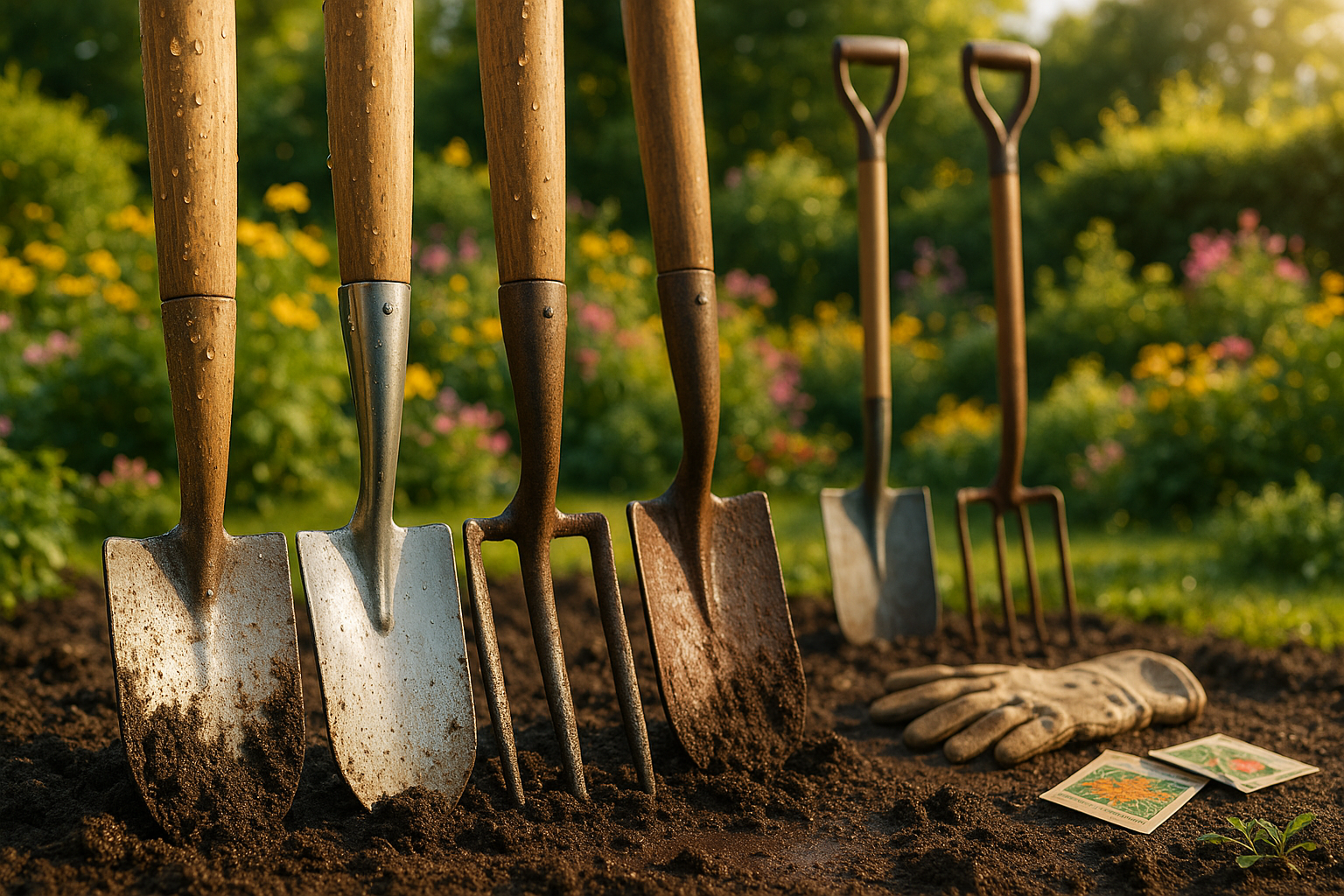 Сравнение различных моделей садовых лопат для дачи и огорода на фоне грядок и садового инвентаря