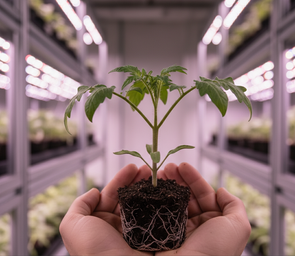 Рассада без стаканчиков Человек держит в руках рассаду томата с корешками без стакана