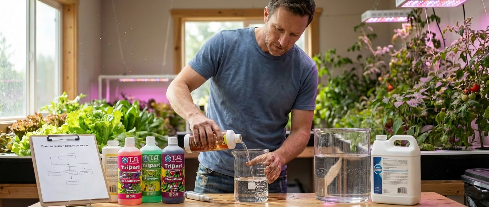 Трехкомпонентные удобрения серии Flora TriPart для гидропоники и набор pH-тестов на столе