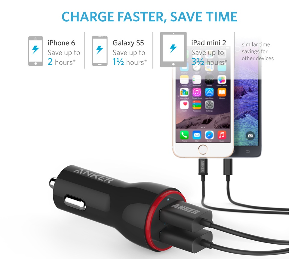 Anker PowerDrive 2 & Lightning Cable Black - АЗУ с двумя выходами и комплектным кабелем Lightning  для iPhone, iPad, iPod.