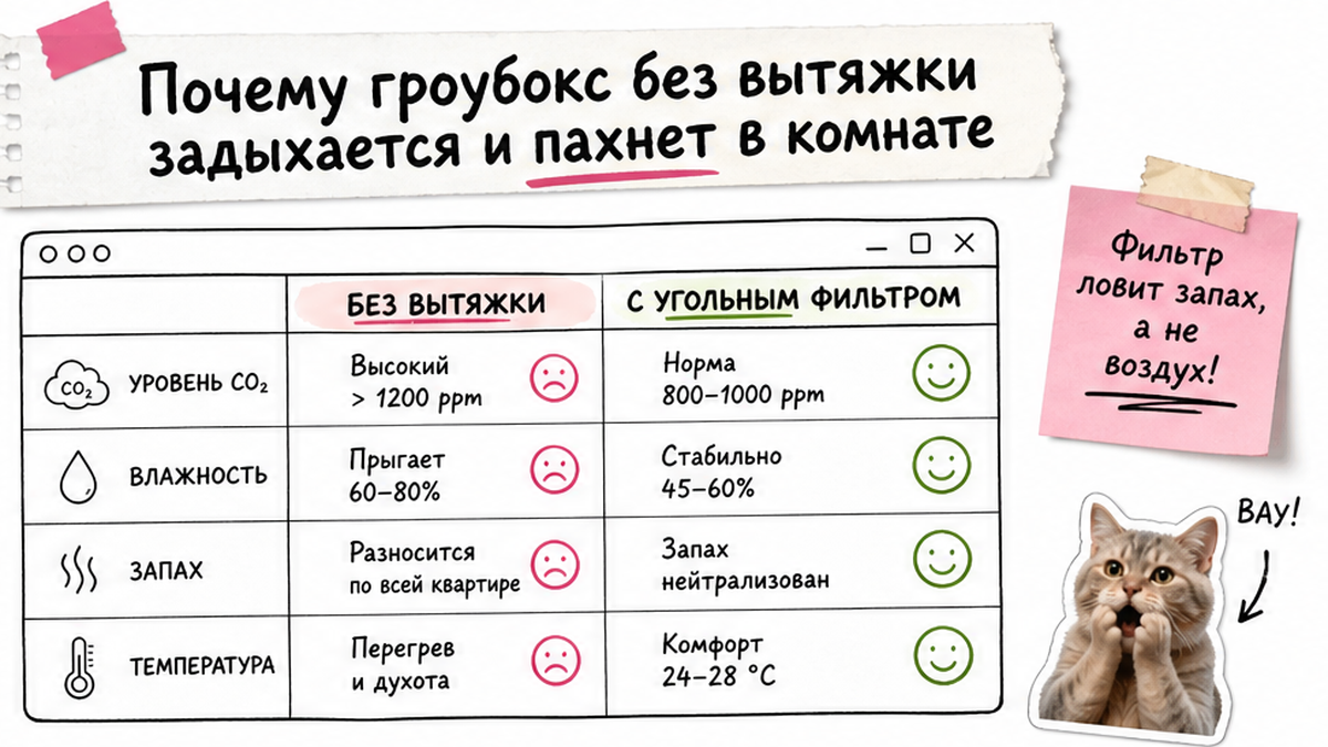 Таблица сравнения: гроубокс без вытяжки и с фильтром &mdash; запах, CO2, влажность