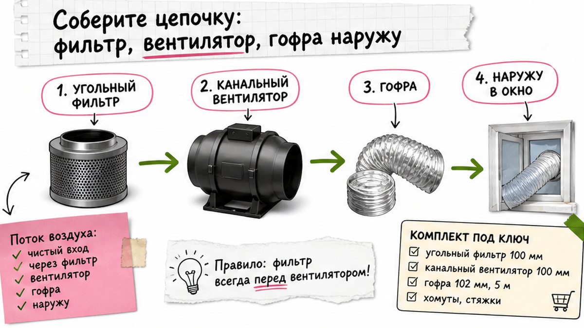 Схема монтажа: фильтр, вентилятор, гофра наружу в окно