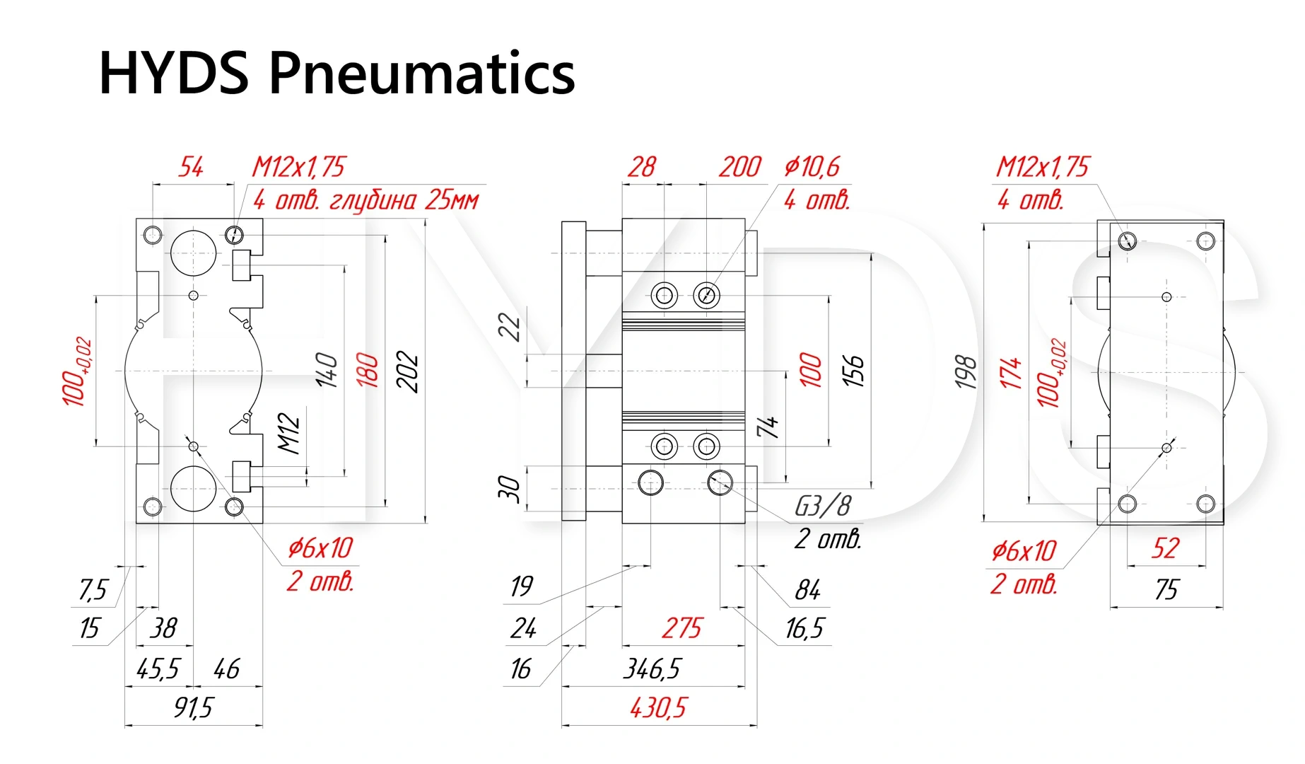 Чертёж пневмоцилиндра MGPM80TF-250Z Размеры пневмоцилиндра MGPM80TF-250Z