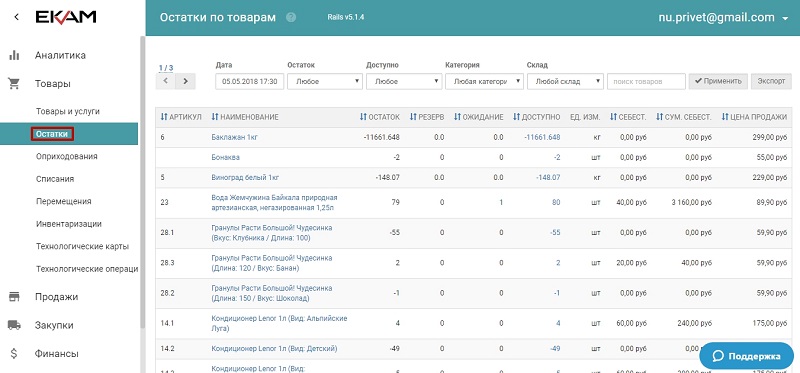 Сведения по остаткам товаров в личном кабинете системы ЕКАМ